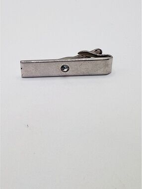 Vintage SWANK Silver Tone Tie Clip Clear Rhinestone Mid Century 1.5”